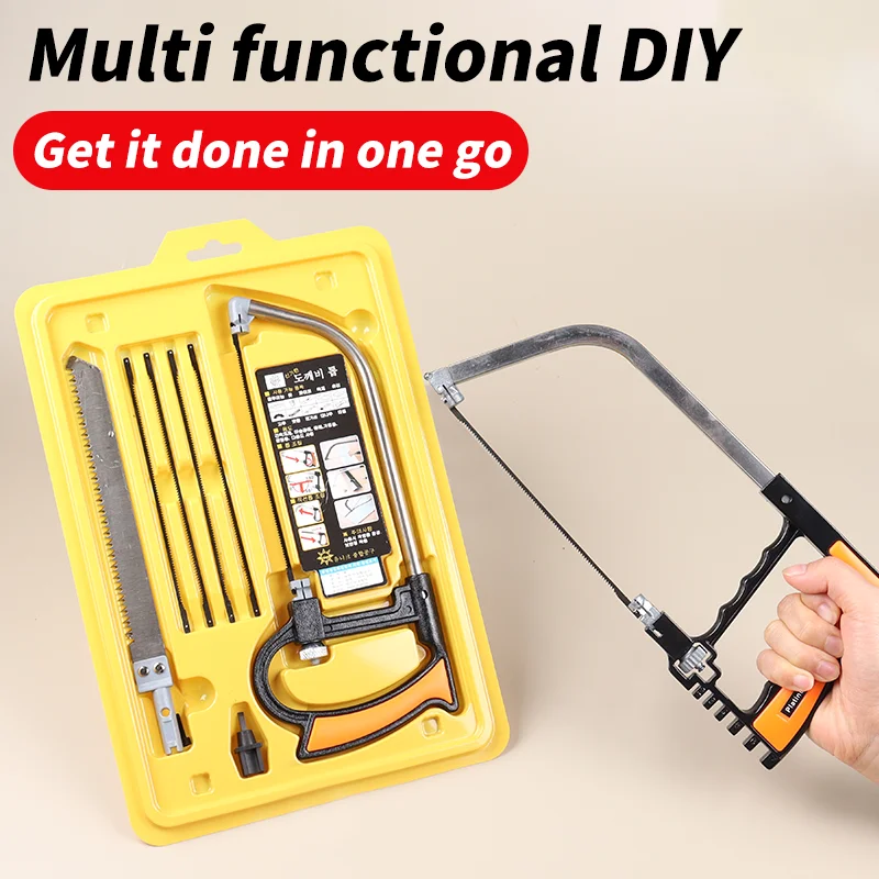 Mini juego de sierra manual, sierra manual multifuncional 8 en 1, con hoja de sierra de acero de 6 piezas, marco ajustable, herramientas manuales de bricolaje para cortar metal, plástico, madera, tubo de PVC, azulejos de cerámica, caucho