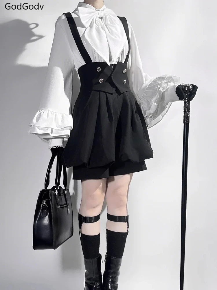 2000s Aesthetic Elegant Lolita Y2k 3 Piece Set Women White Blouse+ Black Shorts+ Fairy Dress Female Japanese Gothic Retro Suit image 2