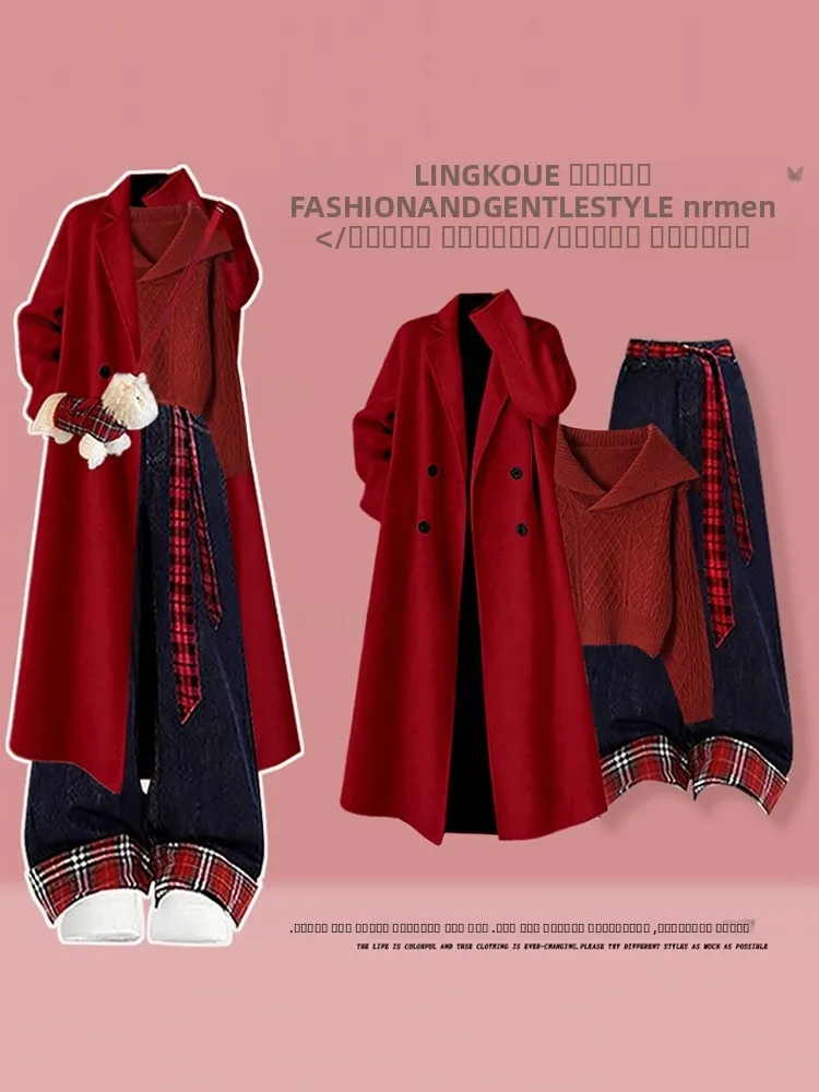 

Красный вязаный свитер и джинсы Cisas, комплект из футболки для женщин, осень-зима, повседневный свободный крой, модный комплект для взрослых