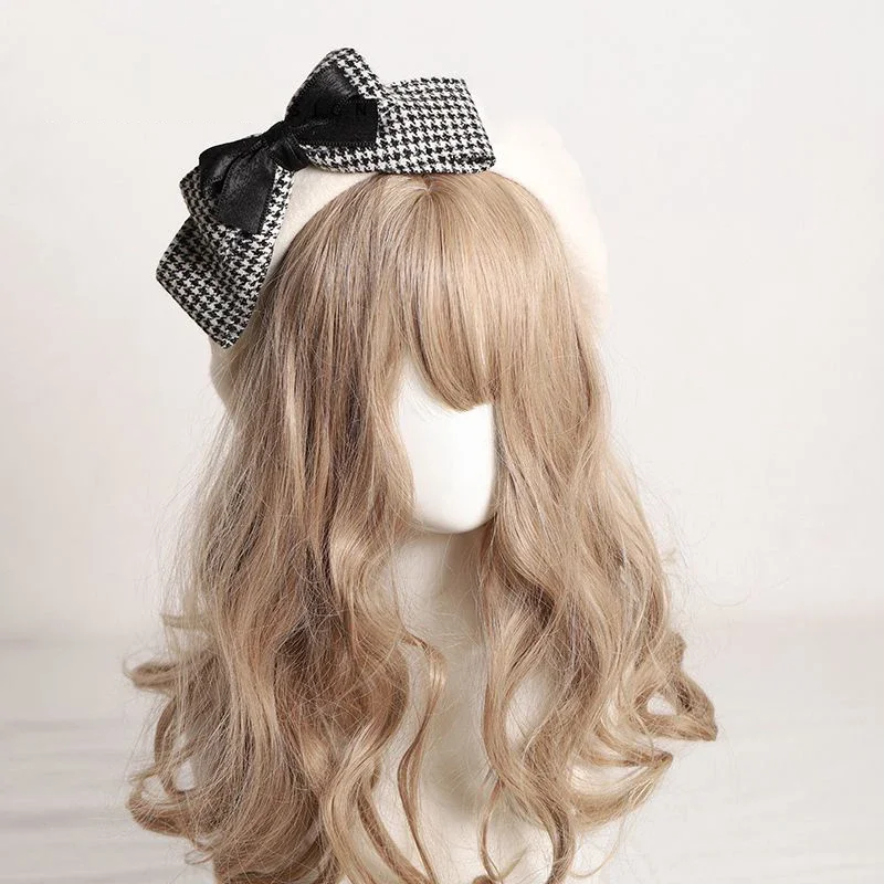 Lolita Plaid duża kokarda śliczny Beret jesienno-zimowa czapka czapka wełniane czapki Vintage Fascinator francuskie czapki dla kobiet dziewczyn