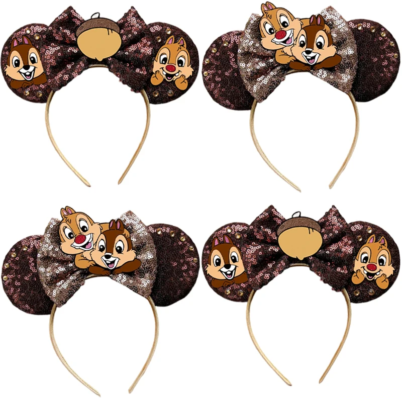 Disney Chip 'n' Dale Ears Headbands For Women Private Pluto Hair Accessories Girl Sequins Bow Hairbands Kawaii Headwear Kid Gift