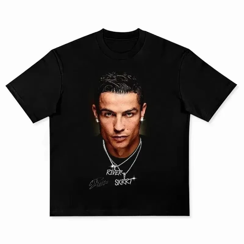 Vintage Pure Cotton Loose Casual Short Sleeve Cotton Football Star Cristiano Ronaldo Neymar Messi Football Star World Cup