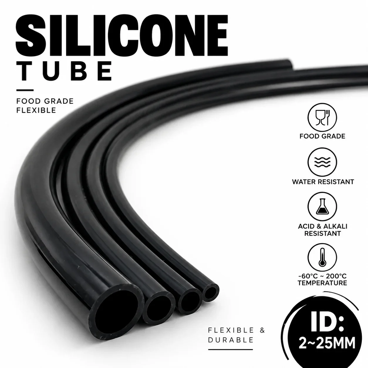 1-5M Black Silicone Tube Food Grade Rubber Hose ID2-25mm Non-toxic, Tasteless, Flexible, High Temperature Resistant, Anti-aging.