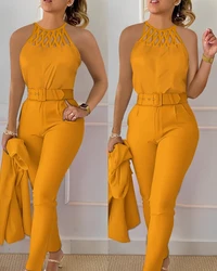 Conjunto diário de calças feminino oco com gola redonda sem mangas regata e bolso casual, roupa fashion, verão, 2 peças, 2024