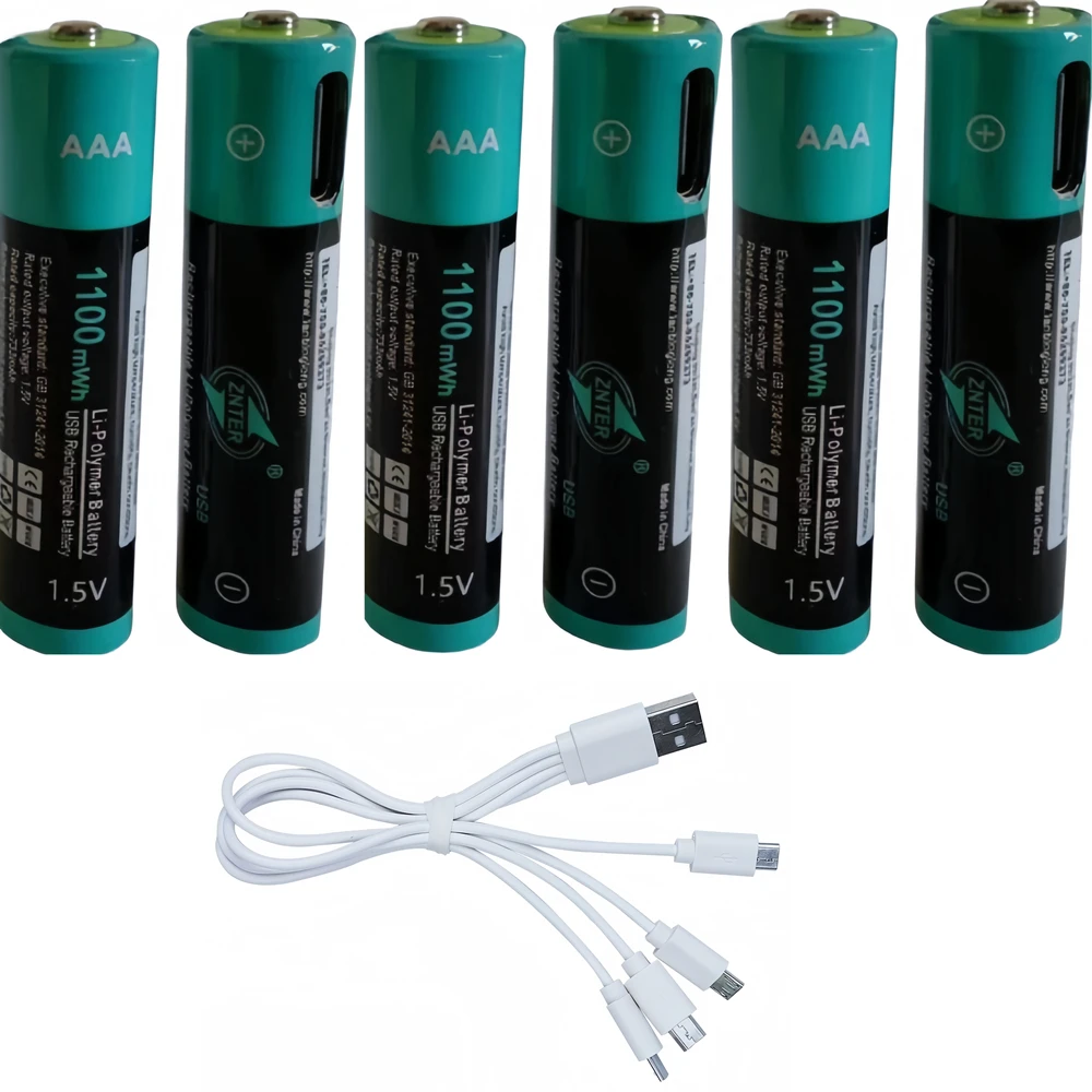 

ZNTER-AAA Rechargeable Lithium Polymer Battery with Micro USB Charging Cable, 1.5V, 1100mWh, 6Pcs