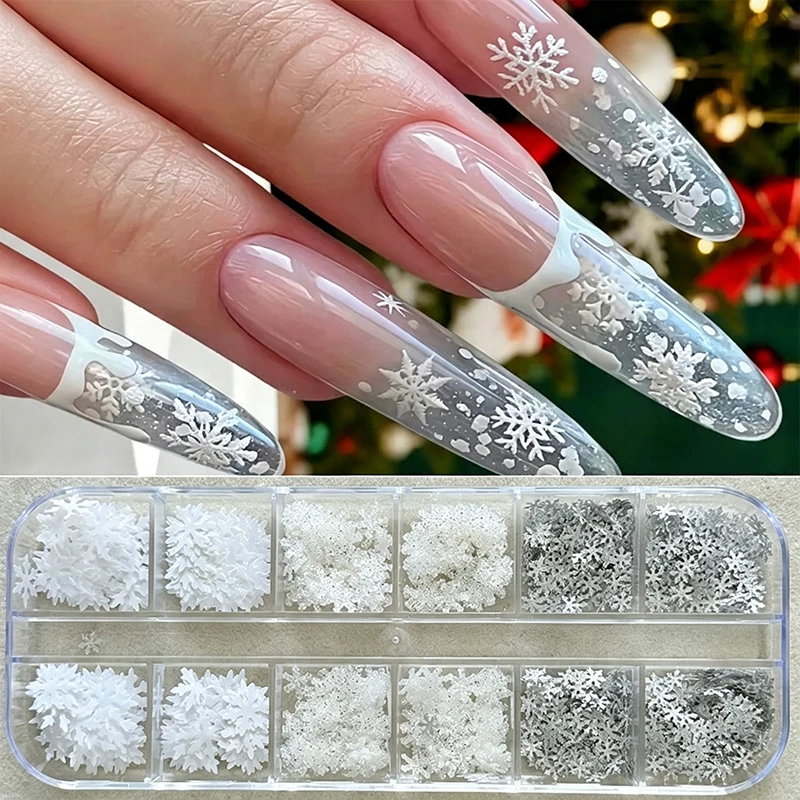 12grids 3D Christmas Snowflake Nail Glitter Sequins Sparkly White Silver Winter Snow Flake Nail Charms DIY Manicure Nail Supplie