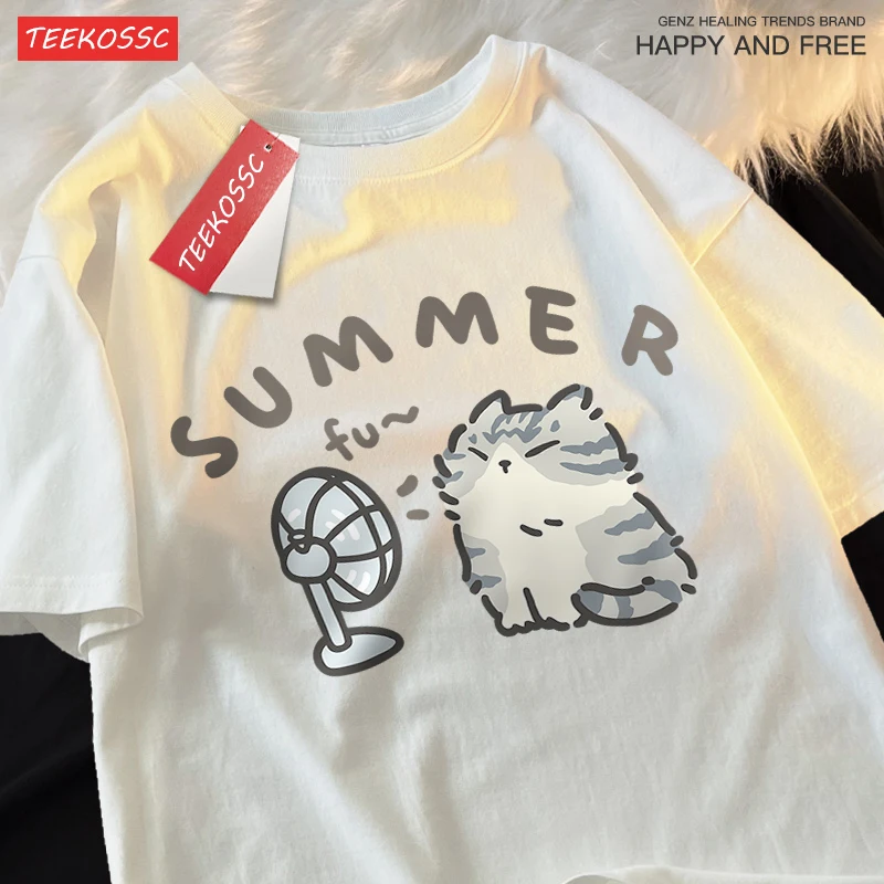 Family Tshirt Fun Hair Dryer Fan Cat Tshirt Cotton Casual Short Sleeve Street Loose Clothing Breathable Soft Family Clothing