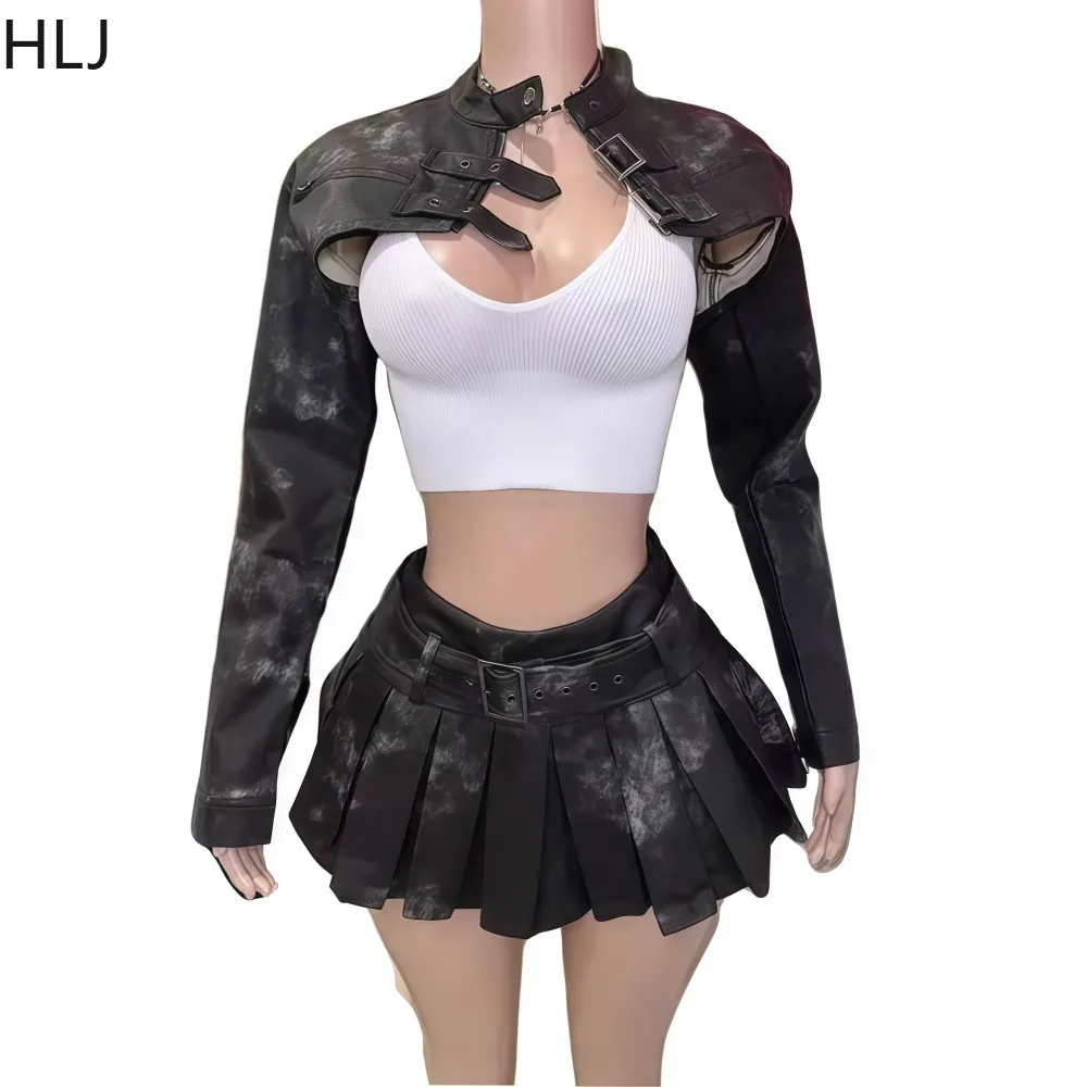 HLJ Fashion Leather Two Piece Set for Woman Black Zipper Long Sleeves Crop Jacket And Pleated Skirt Female Streetwear 2025 New