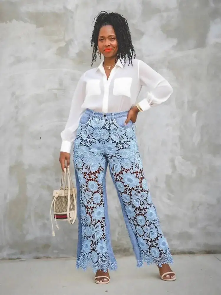 European And American Style Hollow Lace Splicing Straight Leg Long Jeans For Women 2026 Spring KTRW
