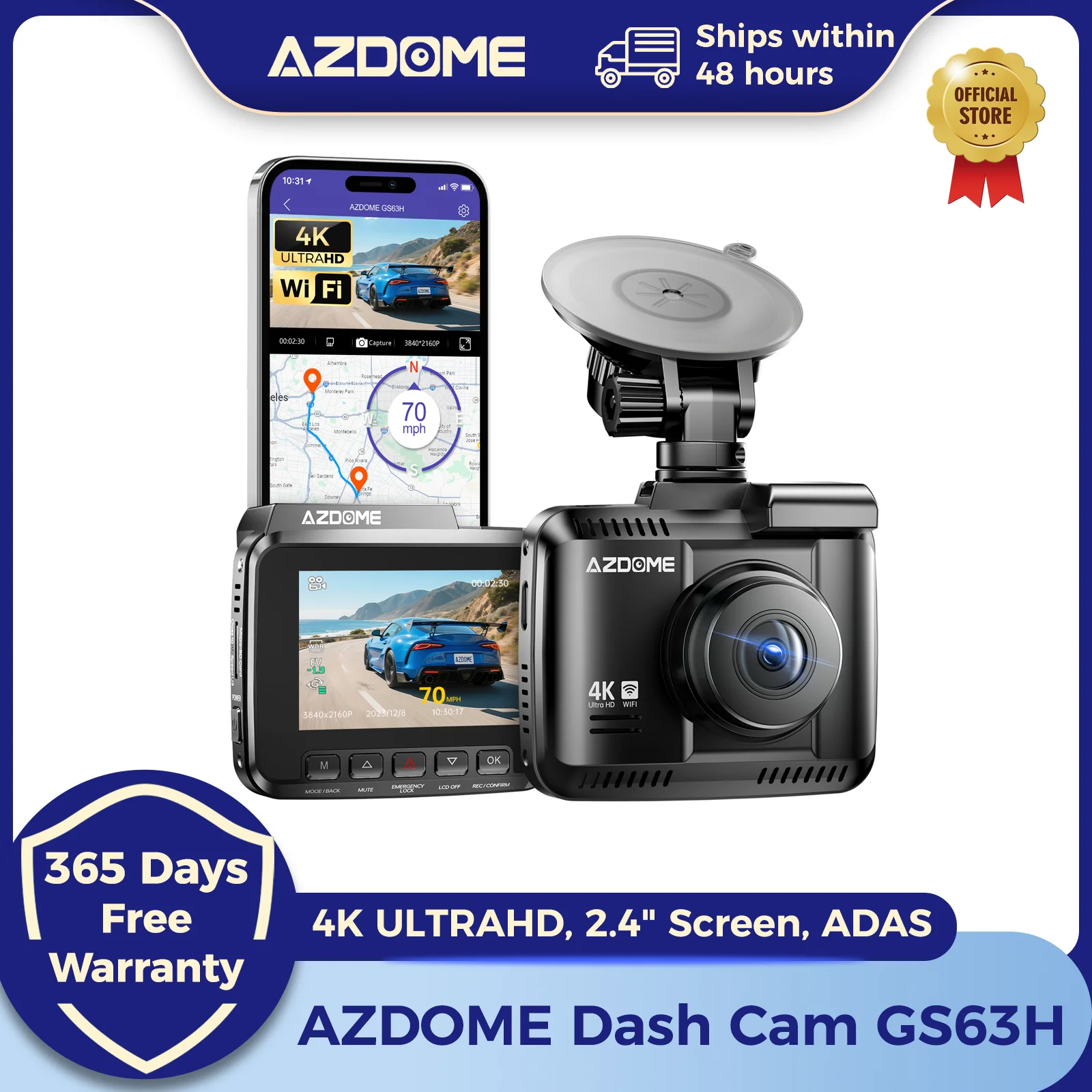 AZDOME Dash Cam GS63H 4K GPS intégré Wi-Fi Dash caméra de voiture avec Starvis 2.4 "écran WDR Vision nocturne voiture DVR moniteur de stationnement