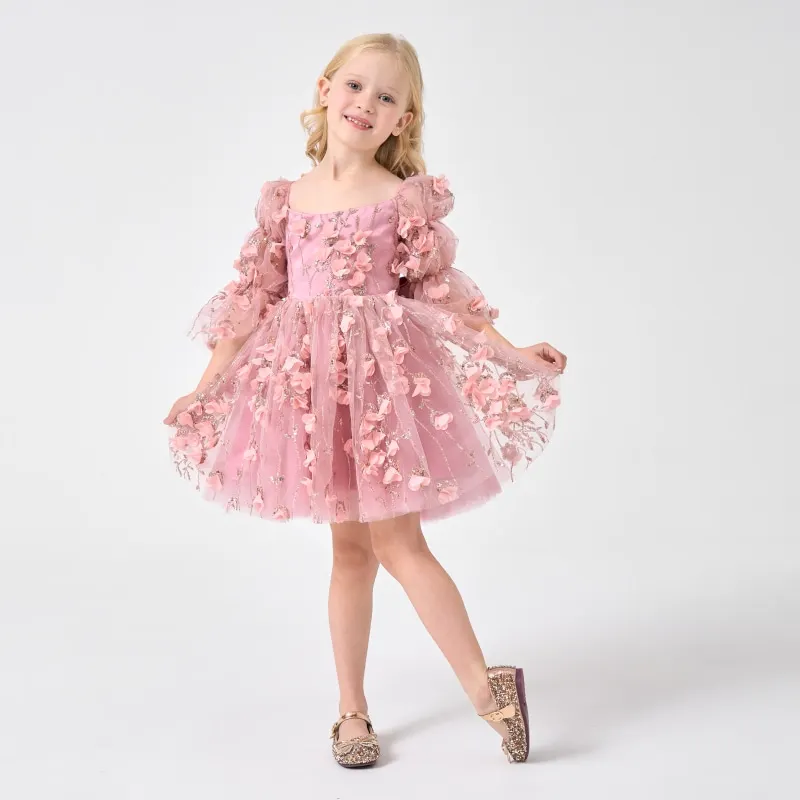 Fashion Baby Girl Princess 3D Flower Bow Dress Infant Toddler Child Sequins Tulle Vestido Pageant Birthday Party Ball Gown 1-12Y