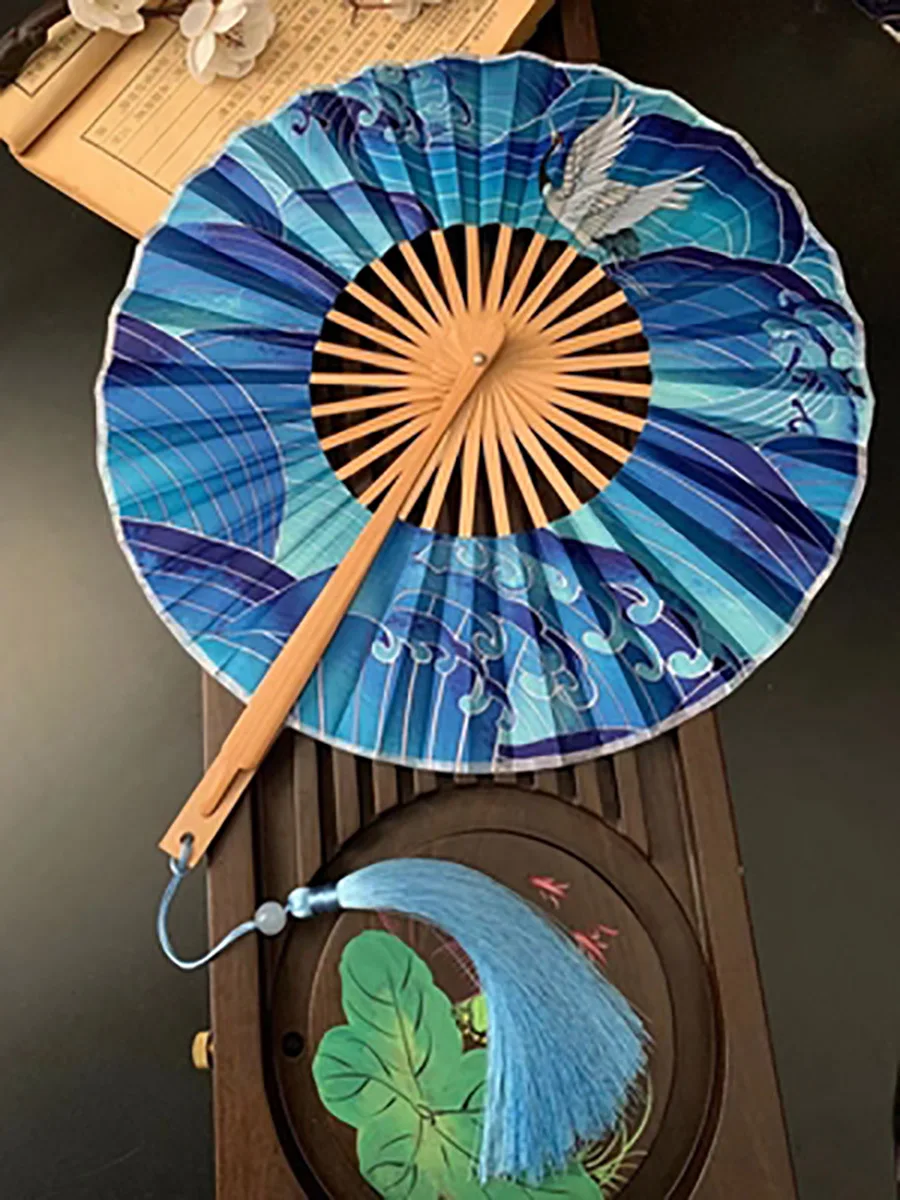 Portable Bamboo Round Shape Hand Fan for Ladies, Folding Fan, Chinese Ancient Style, Summer Hanfu, Dance Party Decor, Folding, F