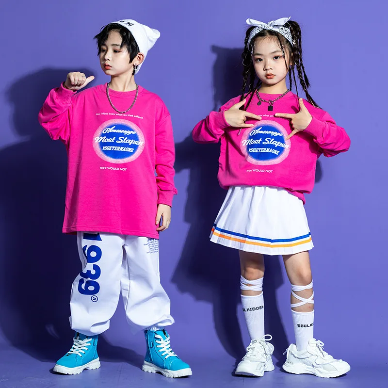 

Kid Hip Hop Clothing Rose Sweatshirt White Casual Streetwear Jogger Pants Pleated Skirt for Girl Boy Jazz Dance Costume Clothes