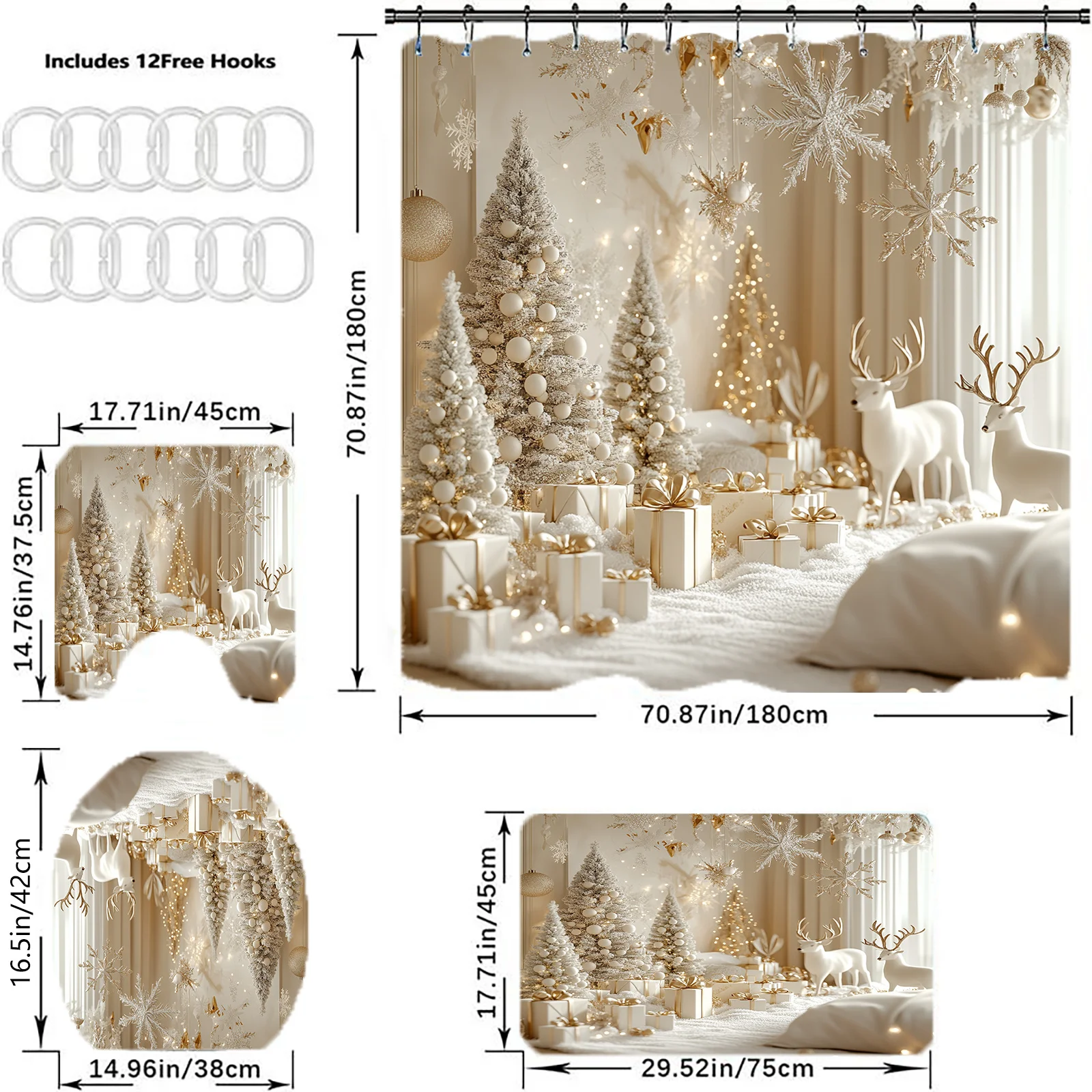 4Pcs Christmas Deer Shower Set, Non-Slip Bath Mat, Xmas Bathroom Decor, Includes U-Shaped Pad, Toilet Cover, 12 Hooks