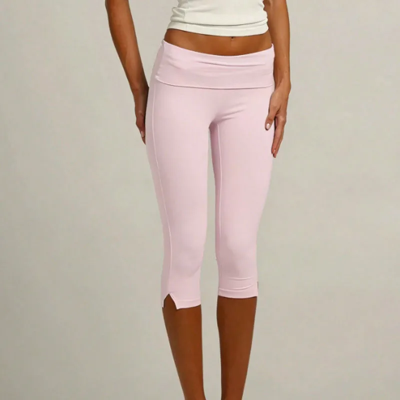Low Rise Split Hem 3/4 Length Skinny Pants Women Solid Fold Over Waistband Capri Leggings Casual Summer Streetwear Yoga Pants
