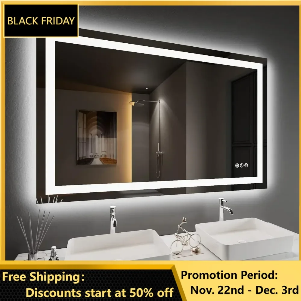 Bathroom Mirror 48''x 30'' with Front and Backlit, Stepless Dimmable Wall Mirrors with Anti-Fog Shatter-Proof, LED Vanity Mirror