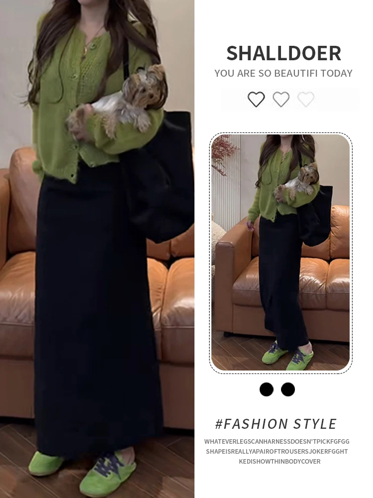 

Sweet Comfortable Slimming Cardigan Sweater Set Candy Color f-length Skirt Casual Sle Breathable Medium Thi Autumn Wear