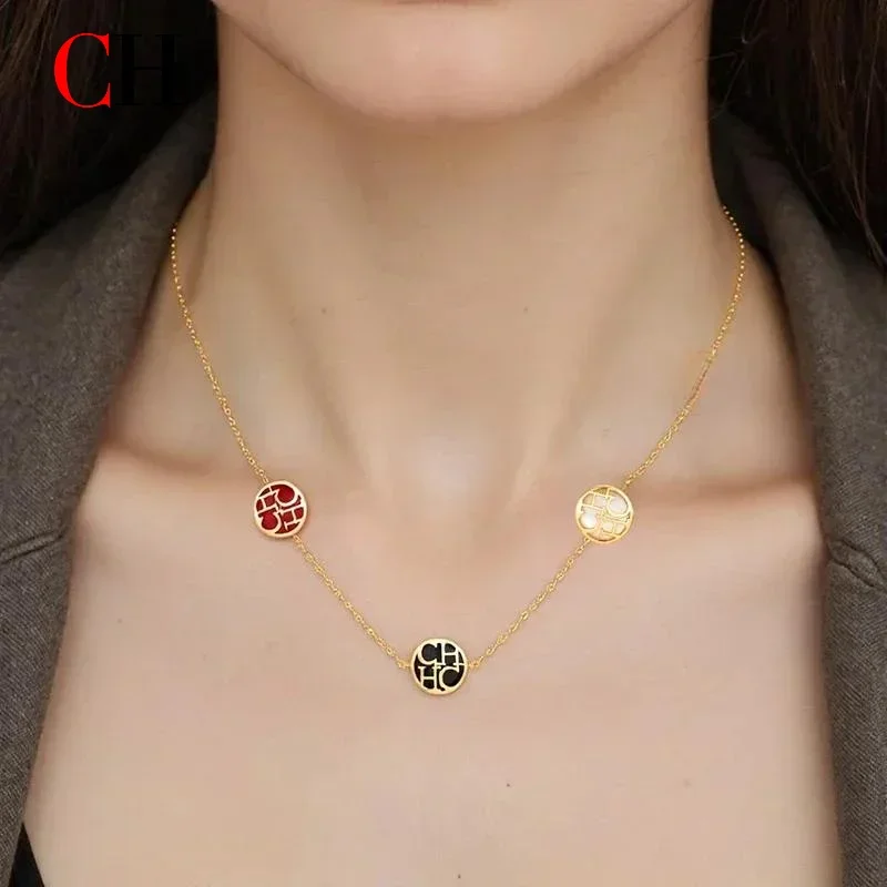 ch-two-tone-series-triple-ring-pendant-red-enamel-hollow-pearl-brass-choker-horror-cos-accessory-bag-accessories