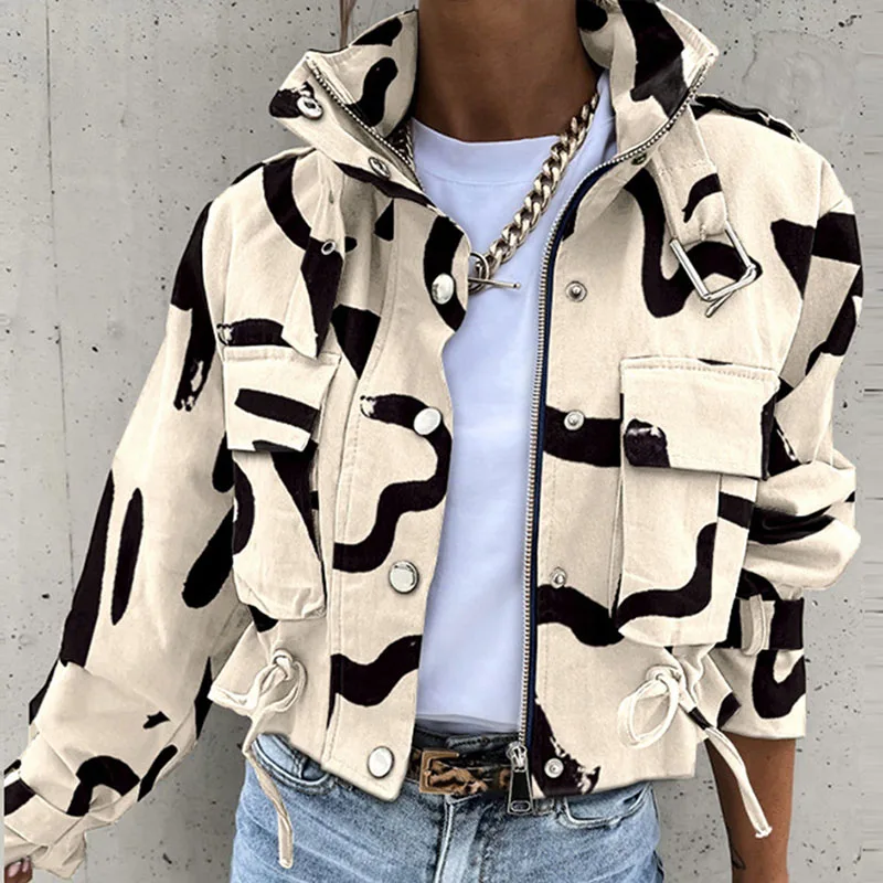 Autumn Winter High Street Zipper Stand Collar Jacket Coat Female Casual Long Sleeve Button Outwear Women Short Print Jacket