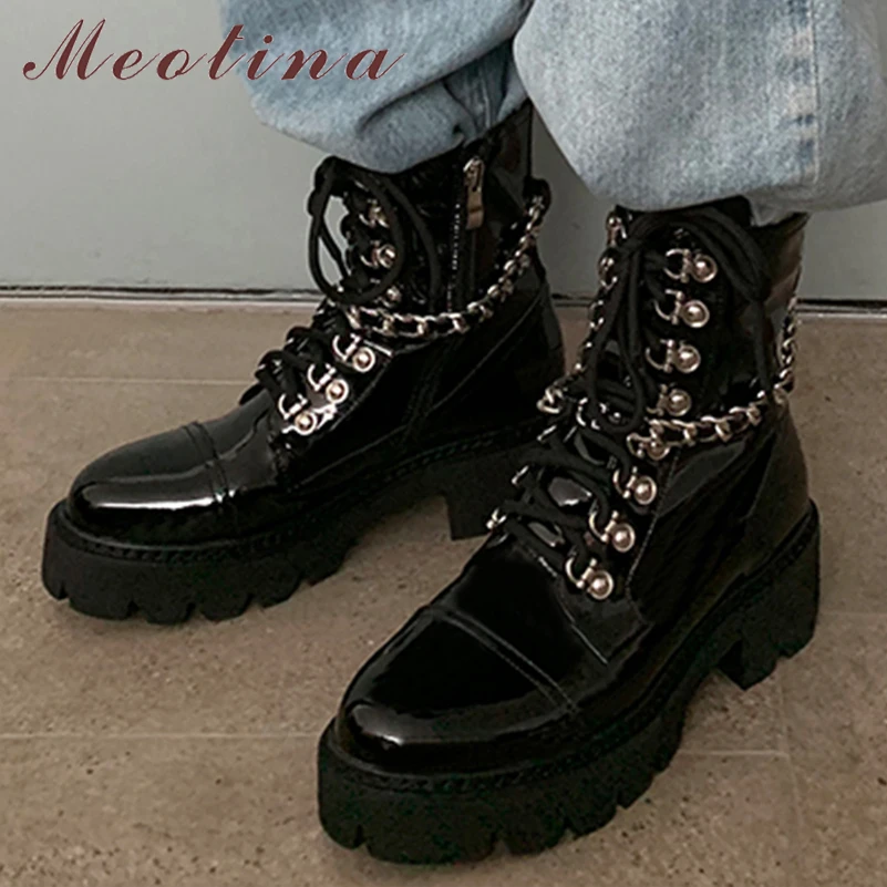 

Meotina Women Genuine Leather Ankle Short Boots Round Toe Thick Mid Heels Chain Lace-up Zipper Combat Boots Ladies Shoes Winter