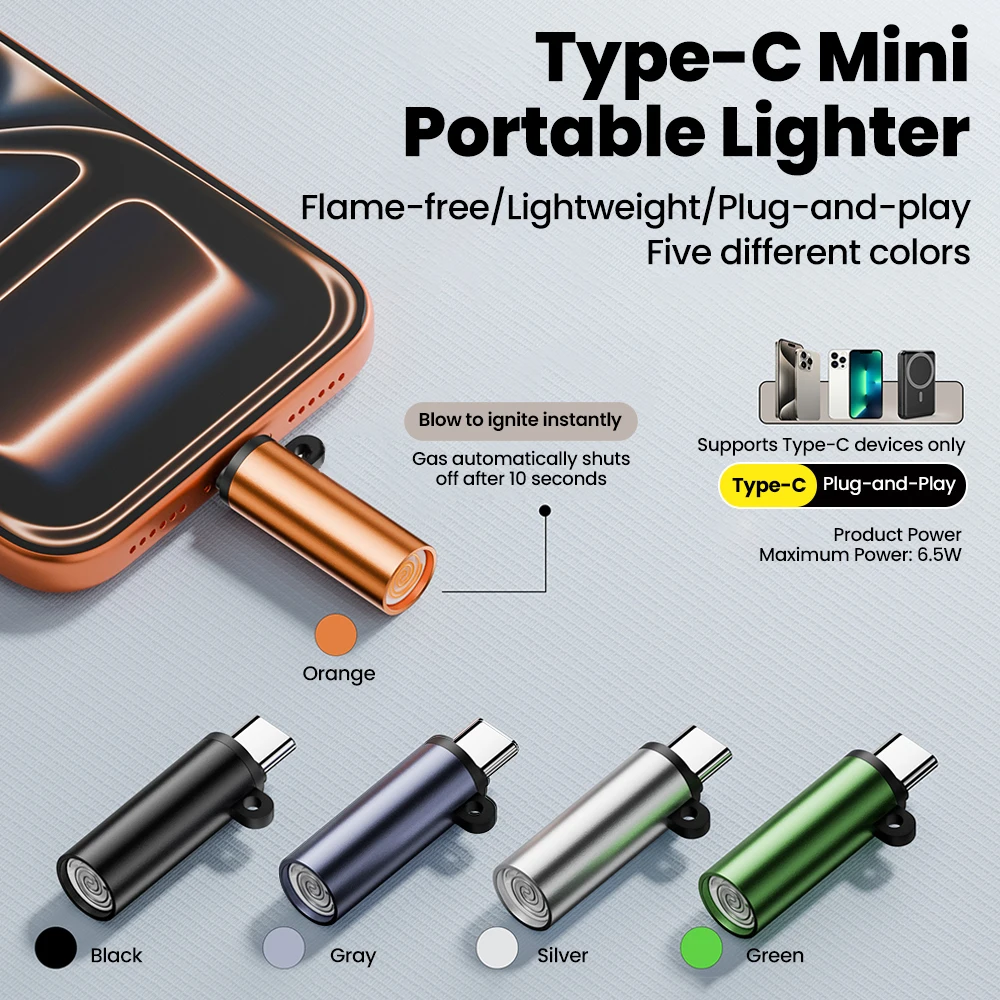 Type C Mini Cigarette Lighter Adapter Air Blowing Cigarette Lighter Safety No Flame Mini Auto Shut-Off Type c Cigarette Lighter