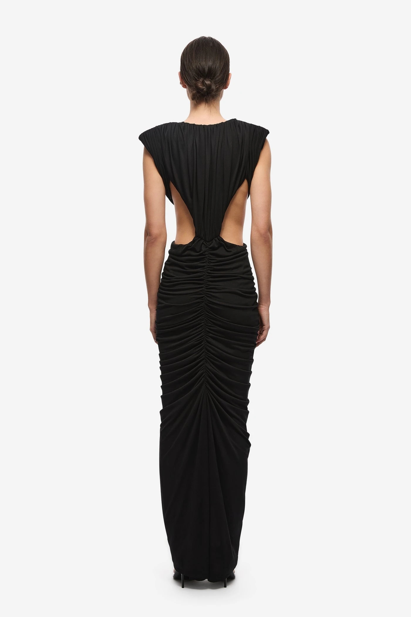 VC Women Black Maxi Dress Sexy Deep V Neck Ruched Bodycon Dress Sleeveless Cut Out Dress Elegant Evening Gown Vestidos Mujer view 6
