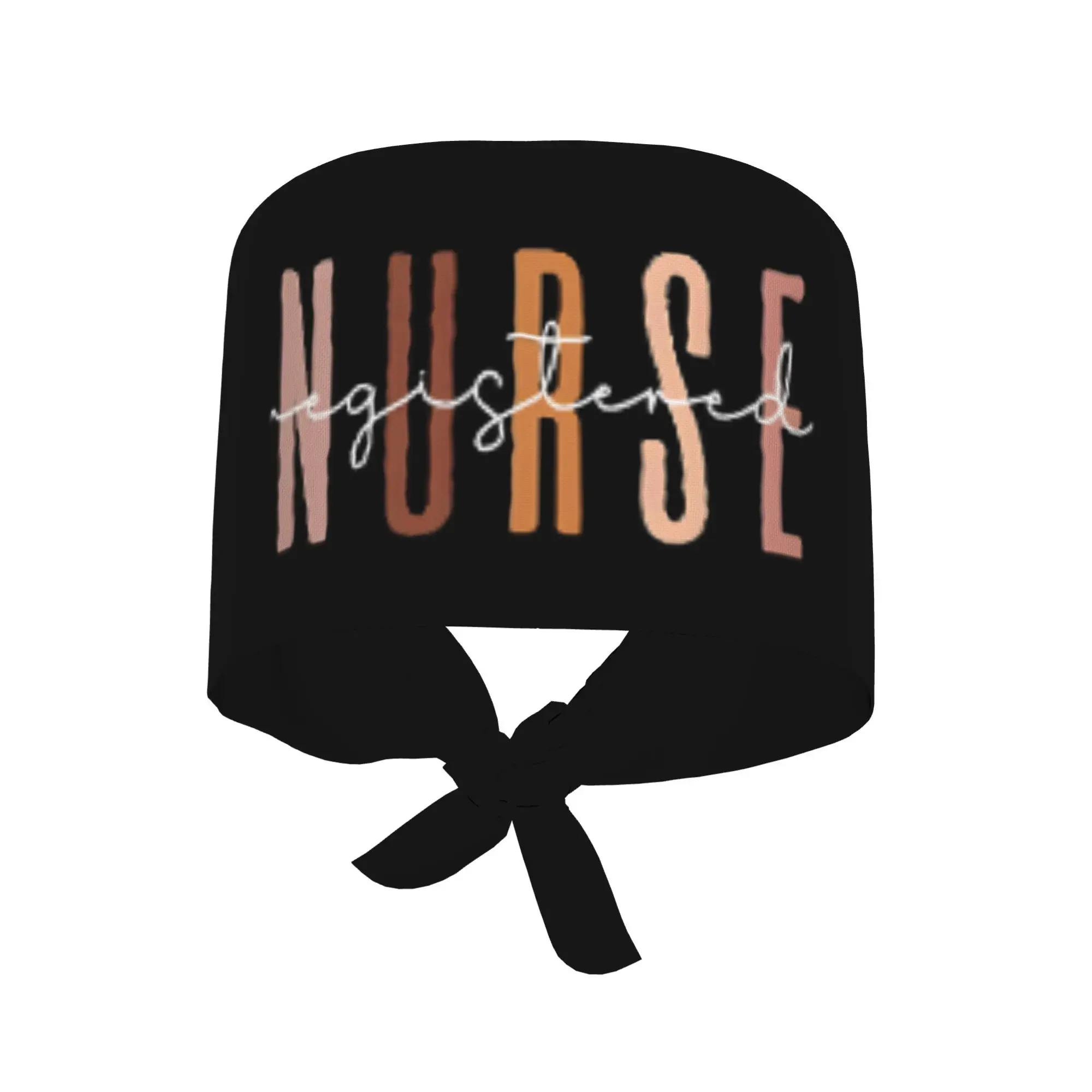 Registered Nurse Letter Print Scrub Cap Black Boho Text Pattern Hat Adjustable Tie‑back Medical Work Cap for Nurses