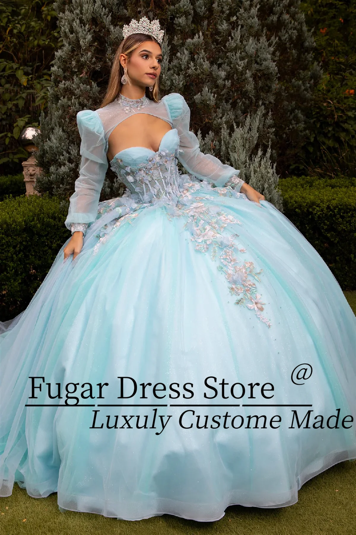 Ice Blue Princess Quinceanera Dresses 3D Flower decal long sleeved strapless dress Detachable Bolero jacket vestidos para niñas