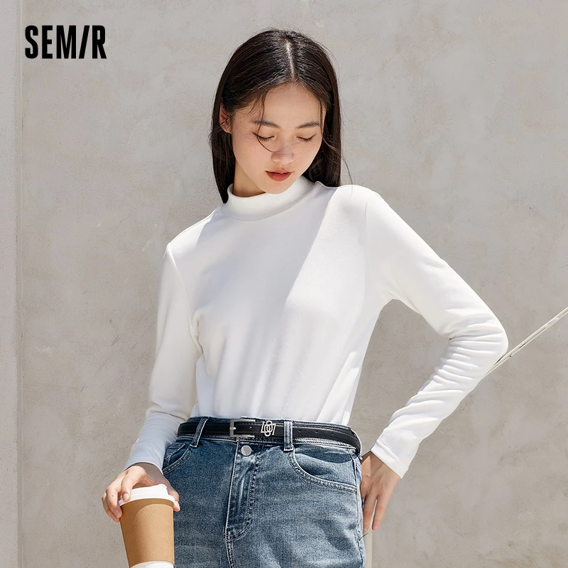 Semir Long Sleeve T-Shirt Women Half-High Neck Slim Fit Brushed 2023 Winter New Versatile Base Layer