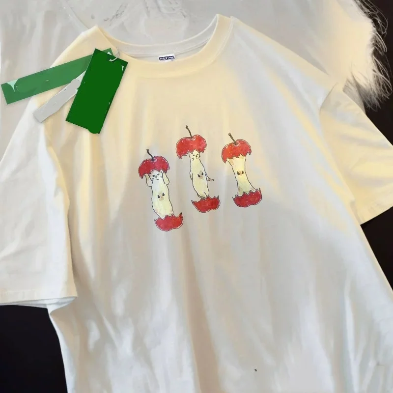 

2025 футболка с принтом яблока из 100% хлопка для мужчин и женщин в японском стиле, свободная уличная одежда, летняя одежда для мужчин, мальчиков, подростков, большой размер 5XL