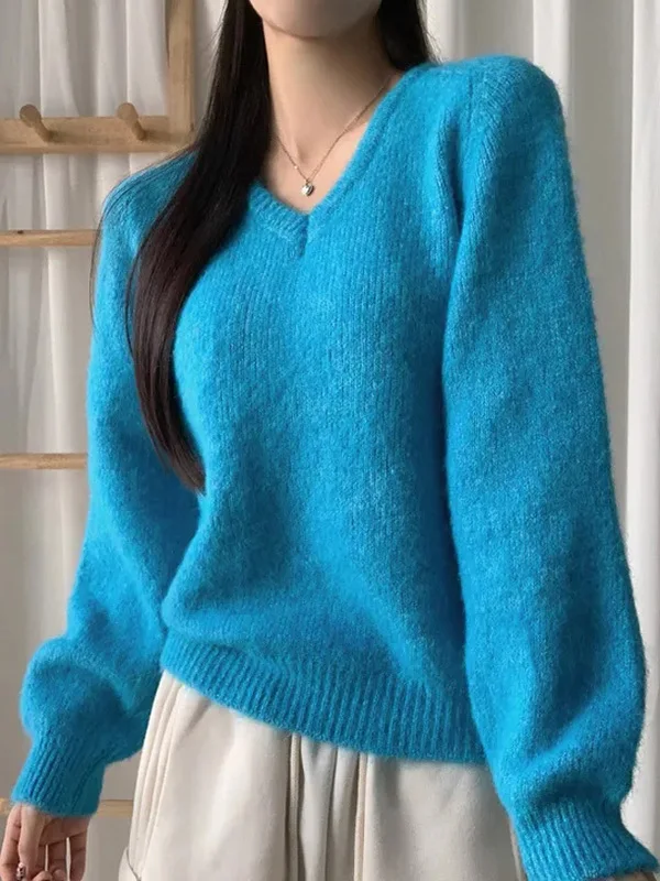 

Loose Fit Long Sve V-Ne Blue Knitwear Women's Sle Korean Lazy Faion Autumn New Arrival Simple Top Casual Loose Knitwear