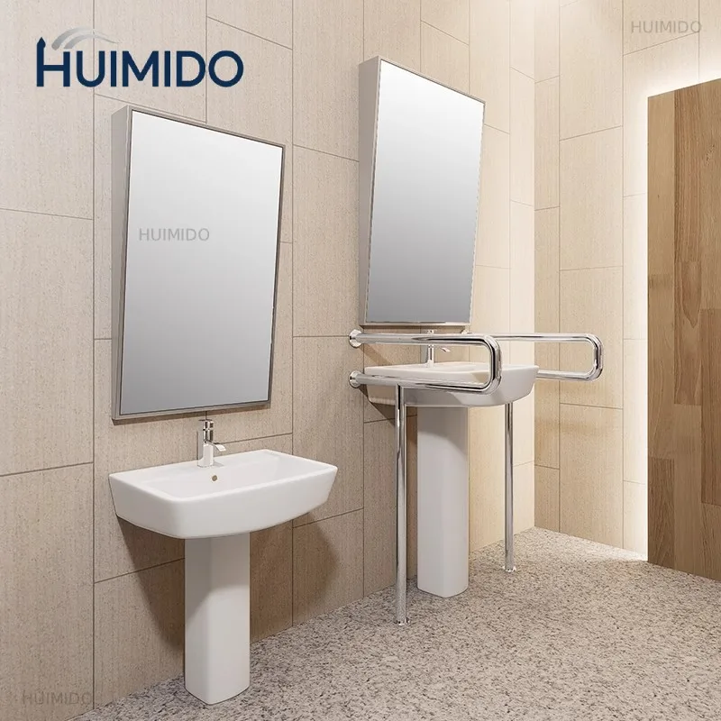 Hospital public toilets, toilets for the disabled, barrier-free handrails, tilted mirrors on stainless steel wall-mounted basins