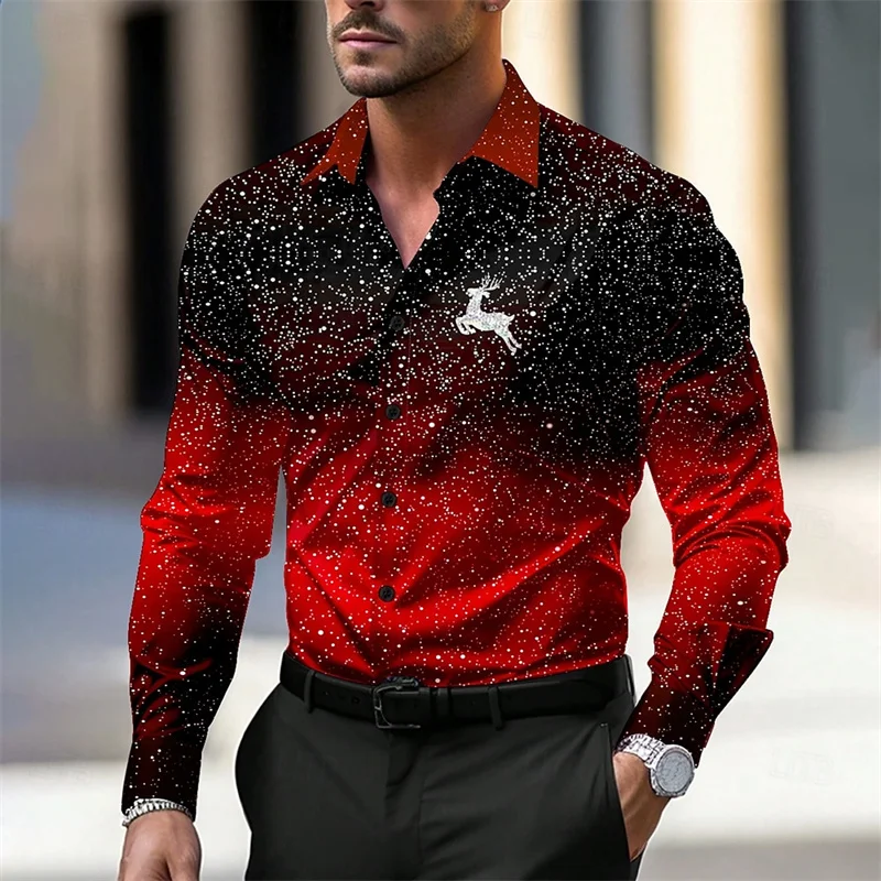 

Christmas Men's Christmas Deer Printed Shirt Casual Lapel Button Long Sleeve New Year Party Autumn and Winter 3D Printing XS-6XL