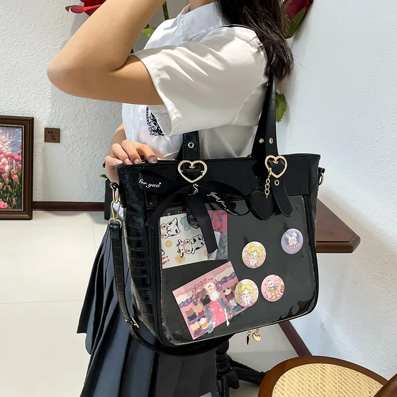 Japanese JK Uniform School Bag Crocodile Pattern Leather Itabag Transparent Women Tote Shoulder Crossbody Bag Girl Y2k Ita Bag