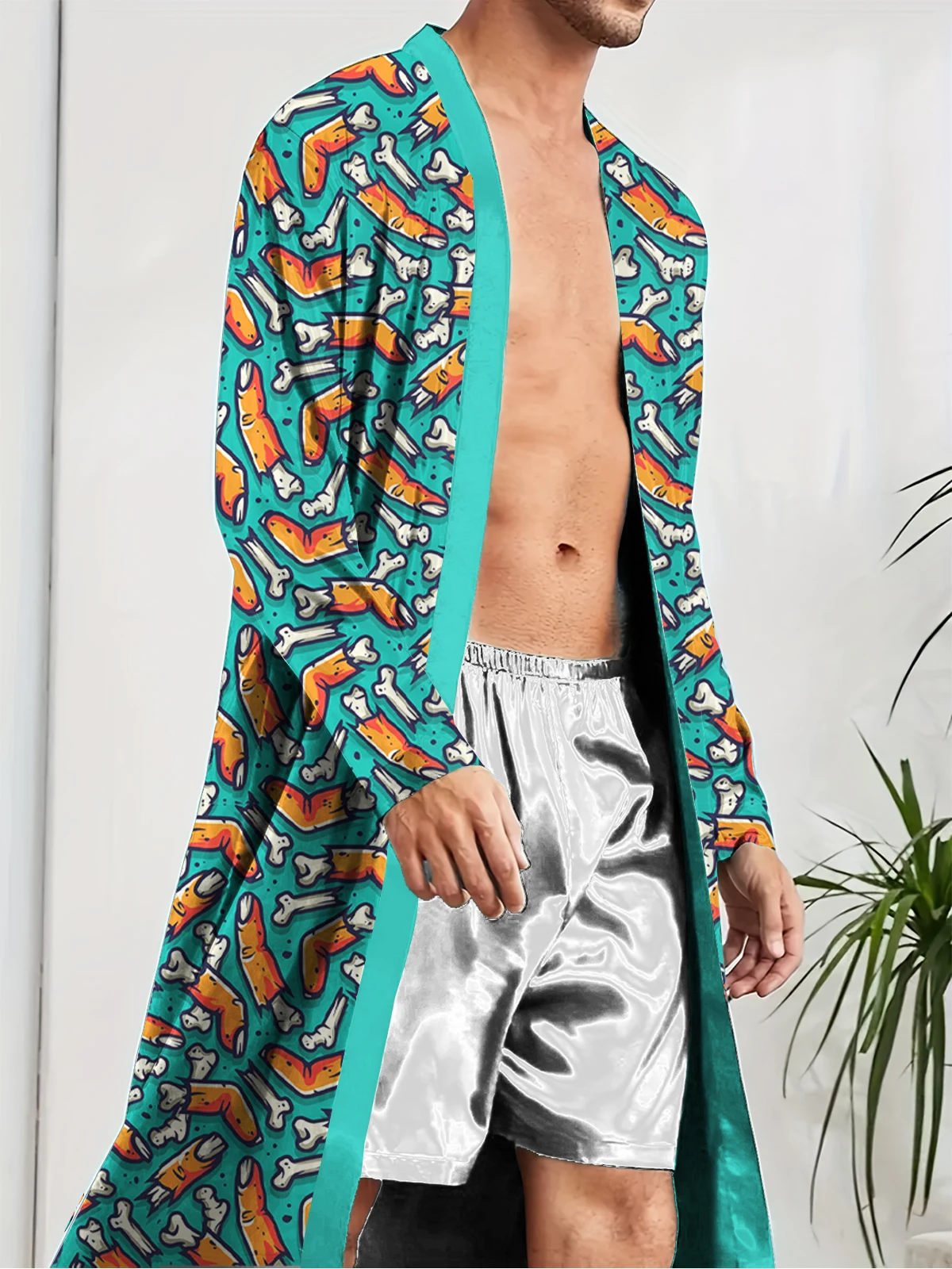 

Men's Robes Home Sleeping Robe 3D Printed Bone Pattern Loose Sleepwear Thin Skin Friendly Quick Drying Bathrobe Long Nightgown