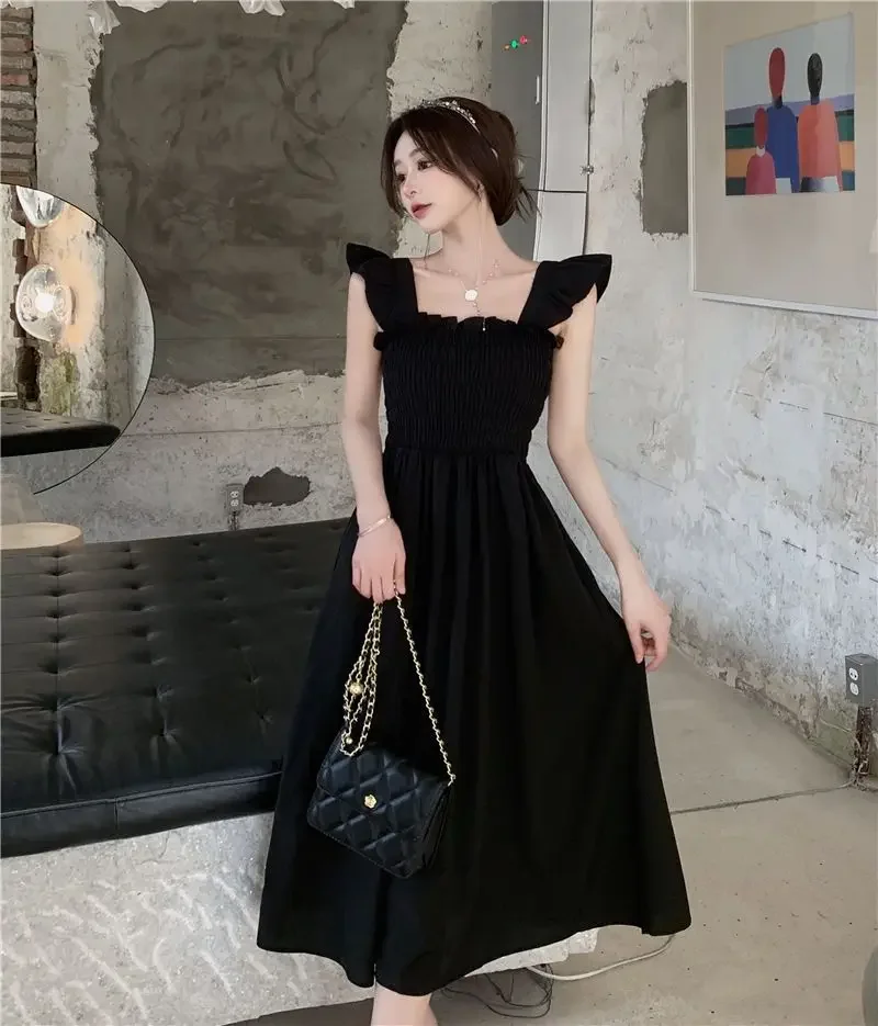 

Summer Korean Style Sweet Elegant Solid Long Skirt For Women Fashion Square Neck Long Dresses For Women Maxi Dress