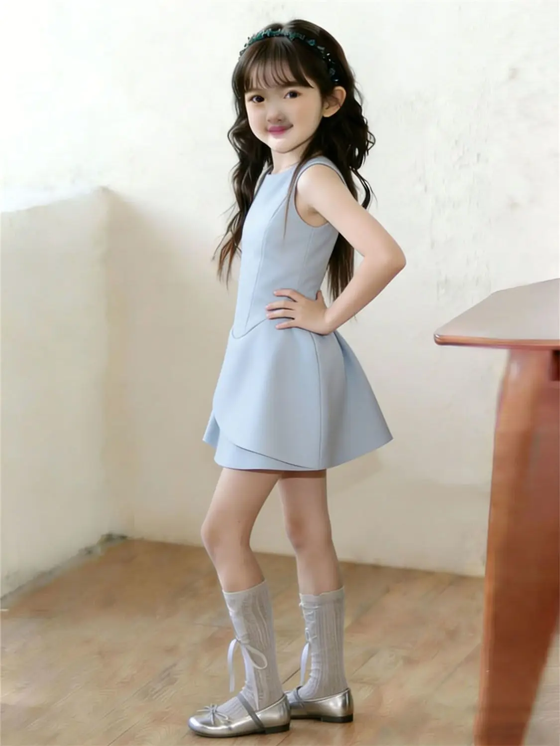 French girl's 2026 summer new blue irregular flower bud dress with girl's temperament, waist cinching dress, short skirt