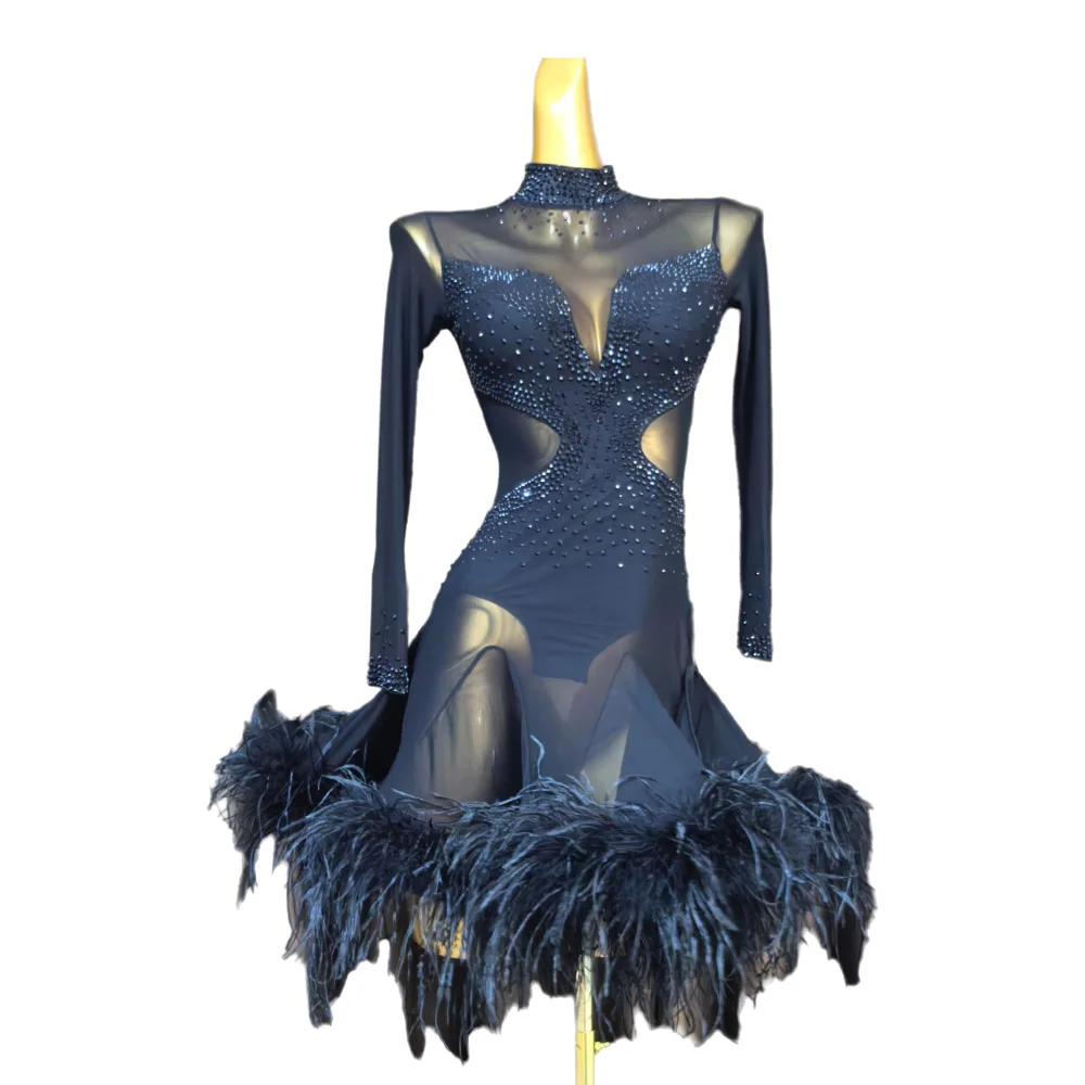Robe de danse latine haut de gamme personnalisée en maille à manches longues pour adultes et enfants, Cha Samba AB Stone Performance Dress