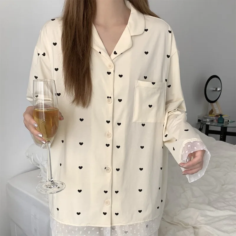 Large size pure cotton pajamas spring women's 2024 new spring autumn long sleeved love all cotton set spring home clothing M-5XL