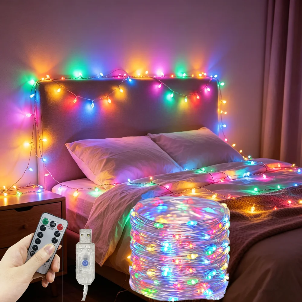 LED Fairy Lights USB Remote Control Holiday Garland Wedding Copper/Silver Wire String Lamp Bedroom Decoration for Christmas Tree
