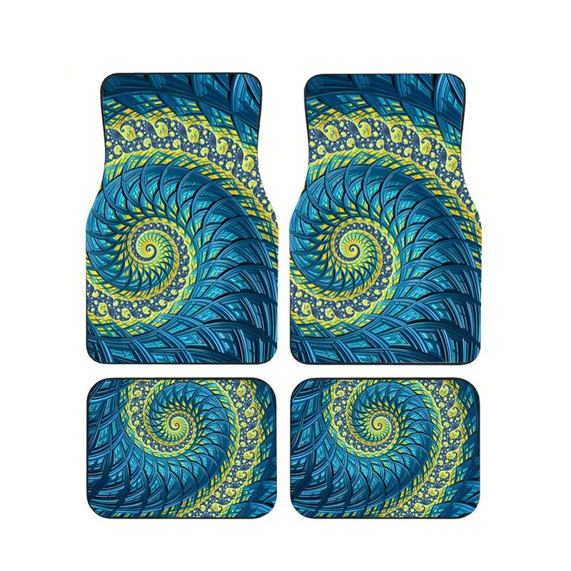 

4pcs Blue Yellow Fractal Spiral Print Car Floor Mats Non-slip Waterproof Foot Carpets for Modern Auto Decor