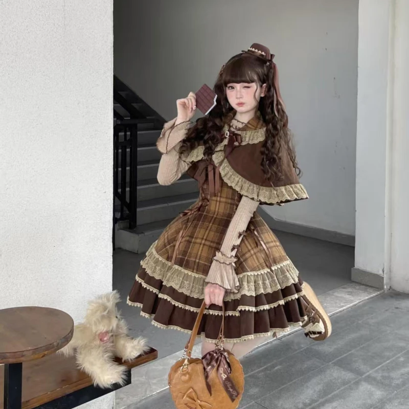 Autumn Winter Lolita Style 3 Piece Set Women Lace Bow Peter Pan Collar Cloak Coat Plaid Mini Dress Korean Fashion Y2k Sweet Suit