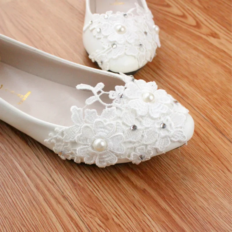 Shoes Quality High Heels Women Pumps Wedding PU Flat 3 5 8CM Thin Heels Fashion Rhinestone Lower Shallow Lace Woman Shoes White