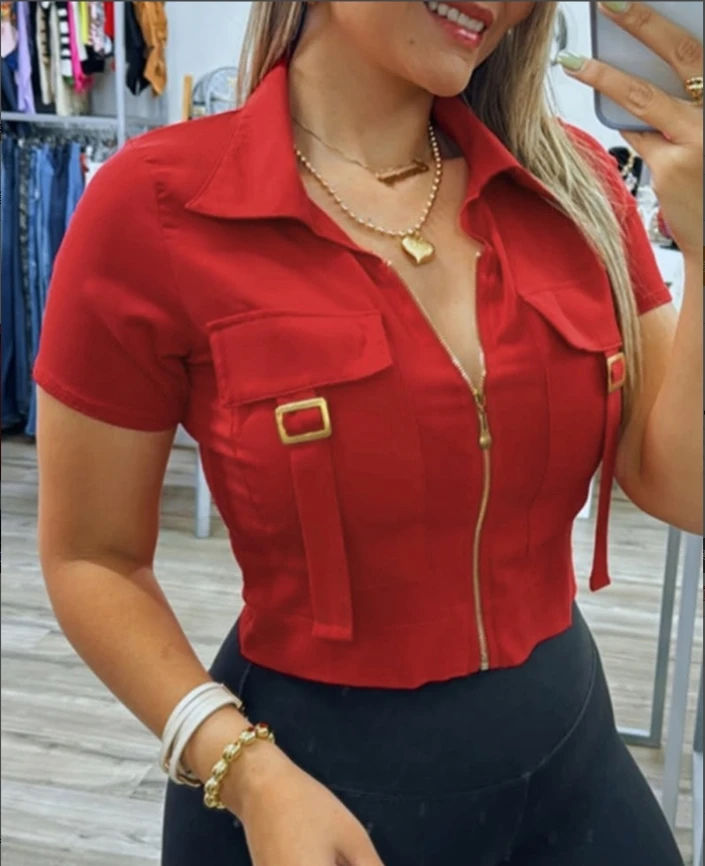 

Front lapel zipper short sleeved button up shirt