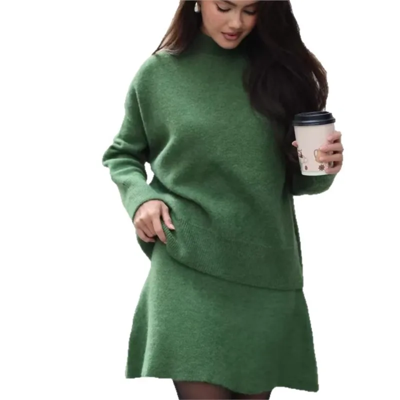 Loose 2 Pieces Set For Woman Package Hip Two Piece Outfits Mini Skirt Solid Color Sweater Knitted Half-high Collar Long Sleeves