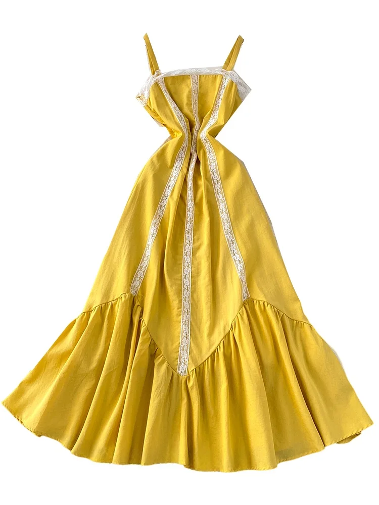 Vestido de Verão Estilo Praia com Renda Longa, Vestido F de Cintura Alta em A, Design de Recorte, Sem Mangas