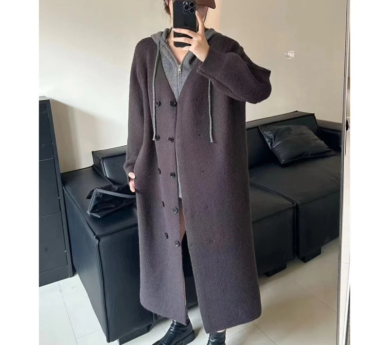 

Autumn and Winter Women's Hooded Knitted Cardigan Coat Set for Women 2025 New Lazy Style Thick Sweater Jacket