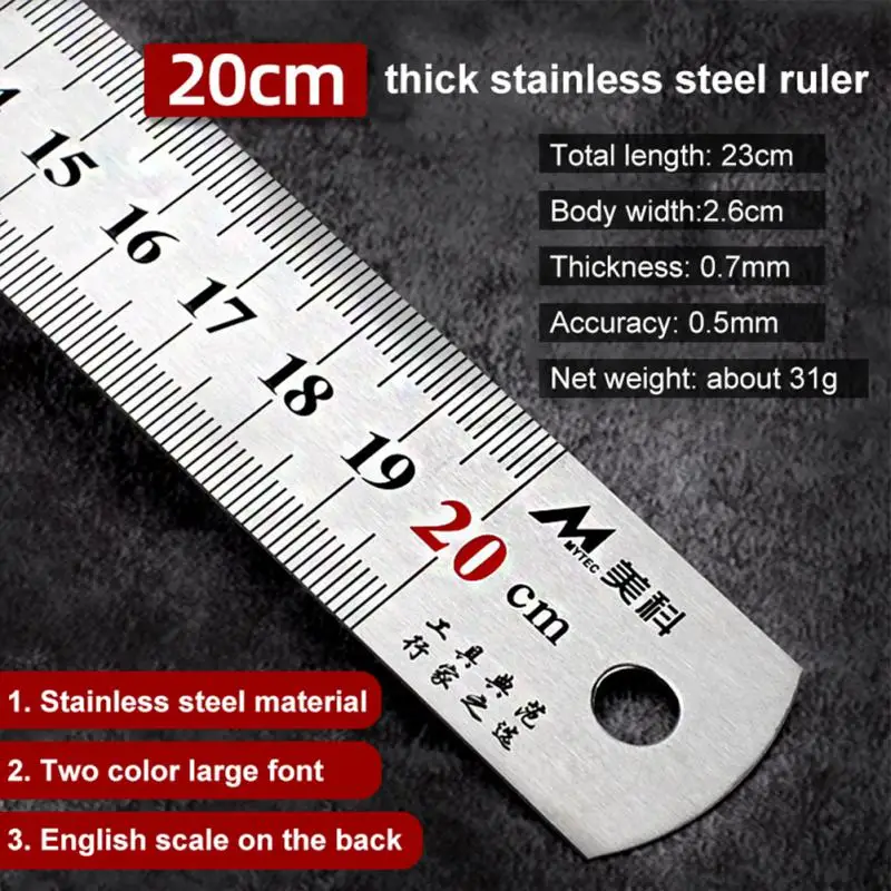 15cm/20cm/30cm/50cm Stainless Steel Double Side Straight Ruler Centimeter Inches Scale Metric Ruler Precision Measuring Tools