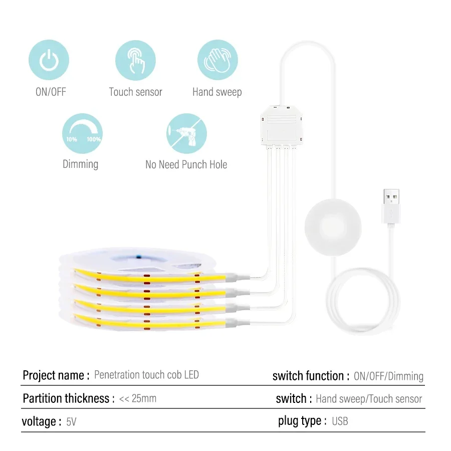 Taśma LED COB pod szafką Kolekcja oświetlenia Możliwość przyciemniania USB Penetraable Kuchnia Łazienka Lampa Oświetlenie Dotykowy czujnik