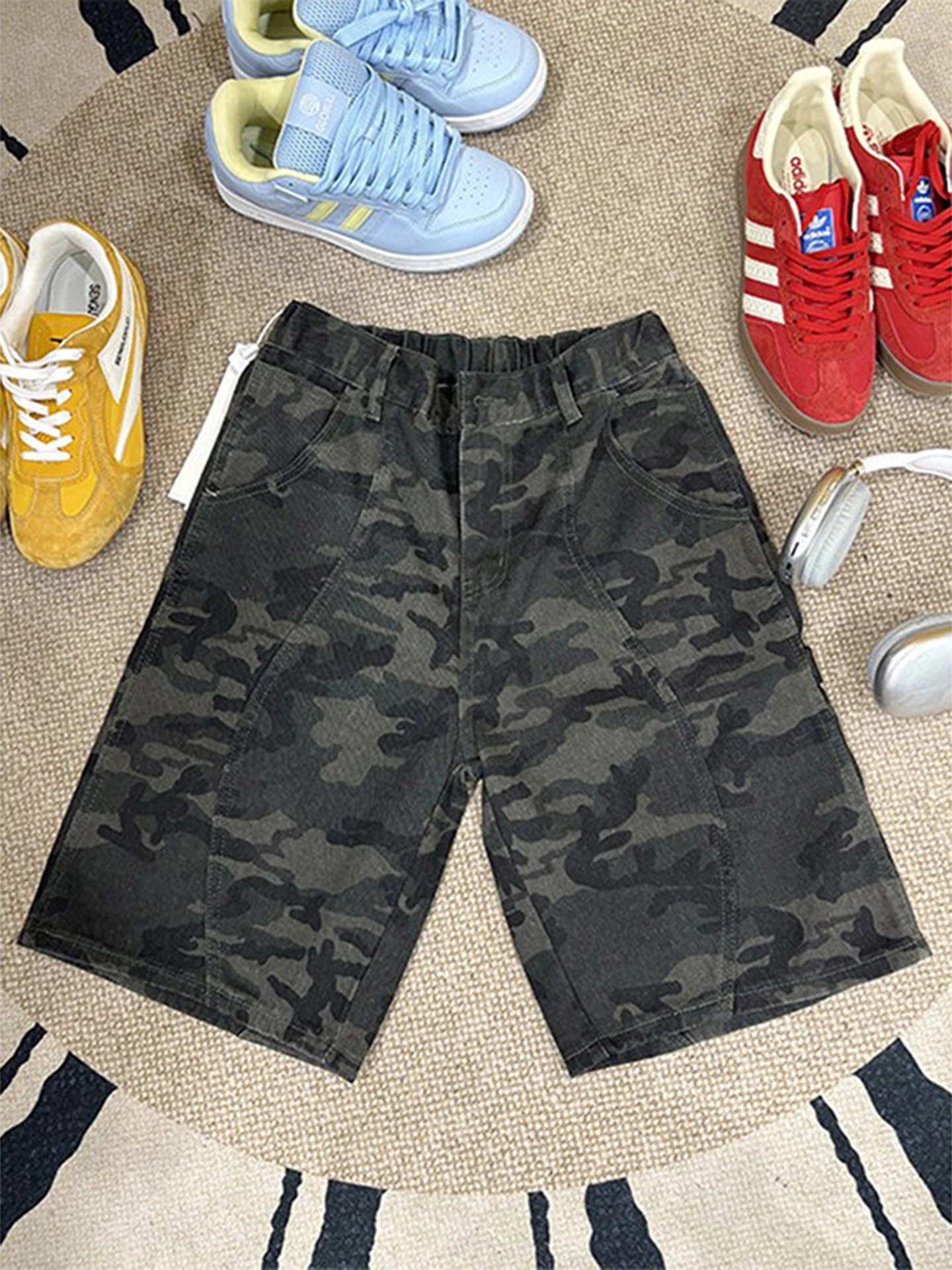 American Retro Camouflage Denim Shorts Men's Summer Vibe Wash Deconstructed Functional Logging Workwear Five-Quarter Pants